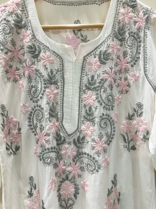 White Cotton kurta with grey pink embroidery